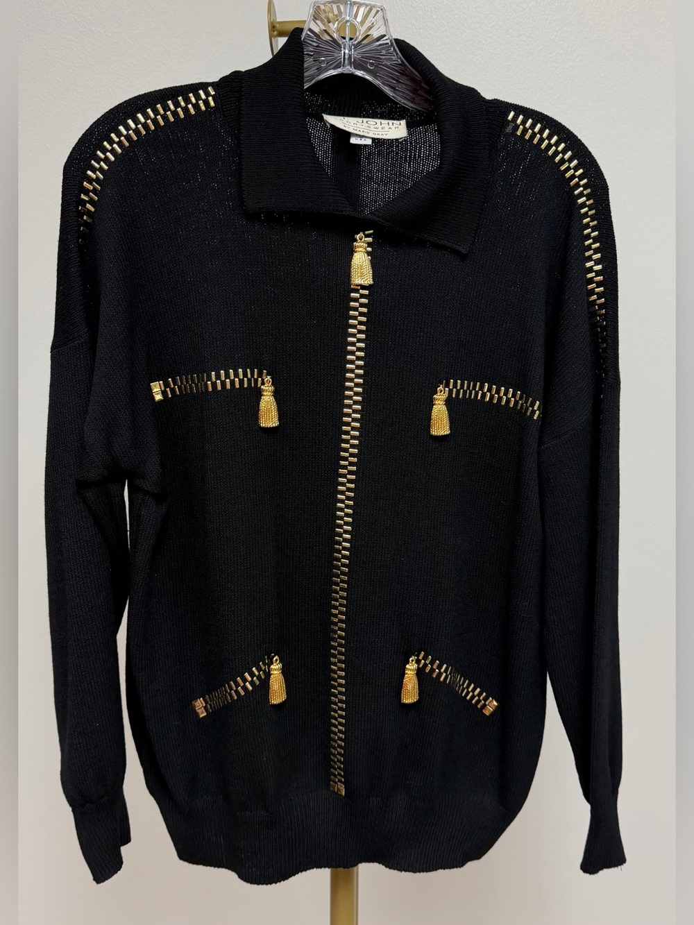 St. John Black Knit Top with Gold Tassel Zipper Size Small - Picture 2 of 6